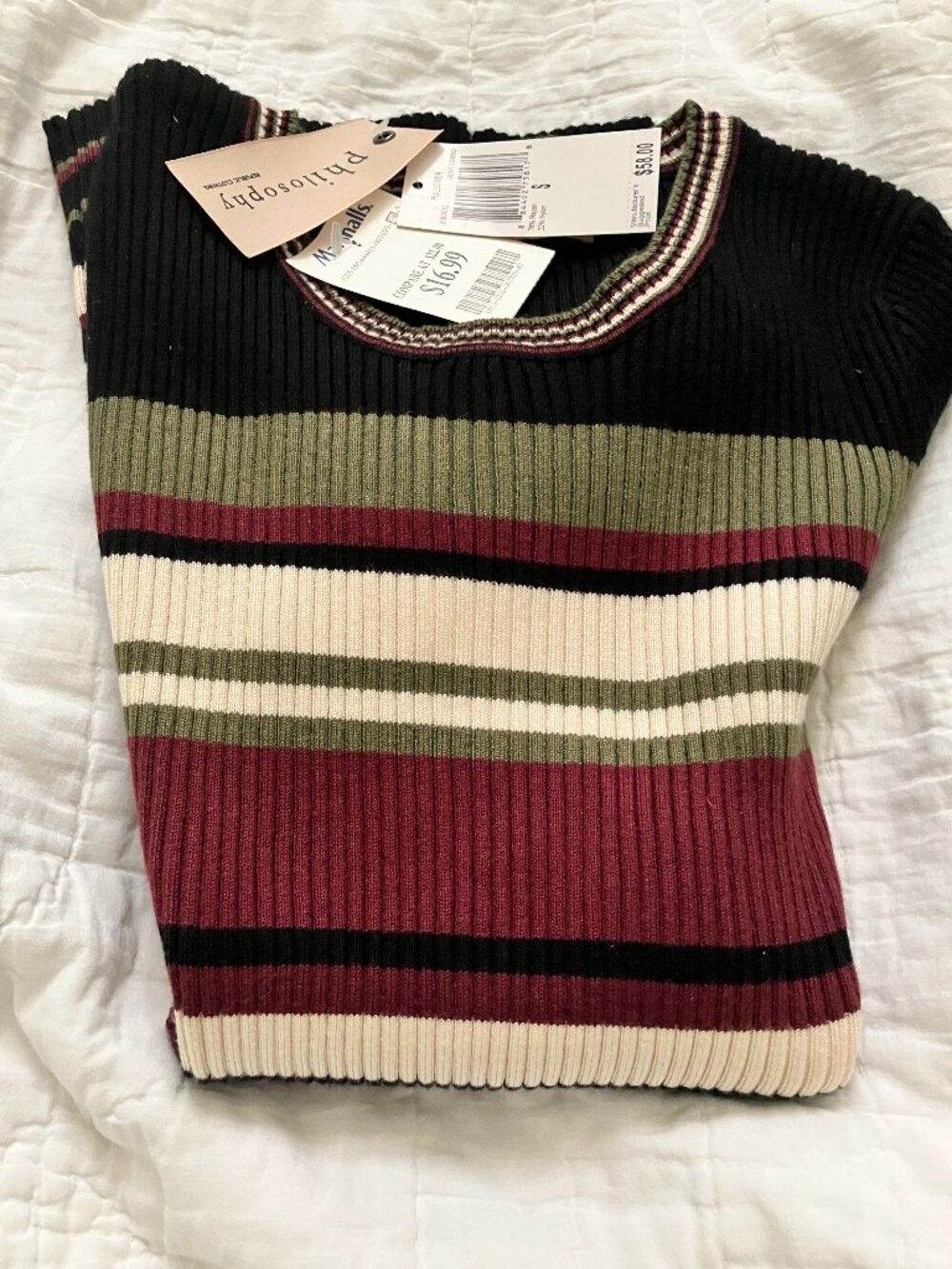 philosophy knit striped short sleeve sweater with round neck, Size small,